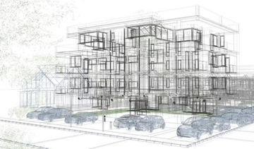 New York apartment for rent - A black and white architectural drawing of a building with cars parked in front.