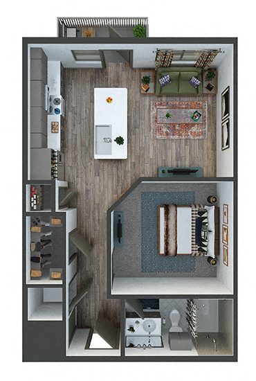 Floor plan for 1 bed, 1 bath, 600 sqft