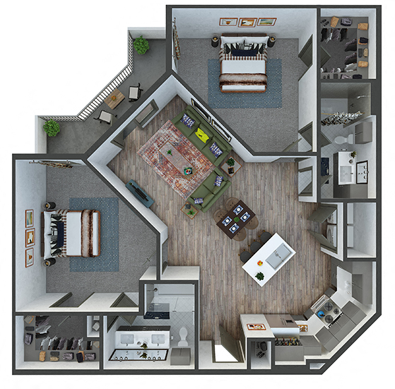 Floor plan for 2 beds, 2 baths, 1151 sqft
