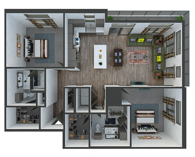 Floor plan for 2 beds, 2 baths, 1228 sqft