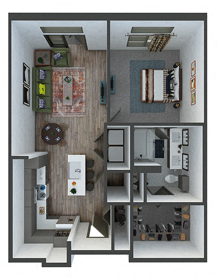 Floor plan for 1 bed, 1 bath, 770 sqft