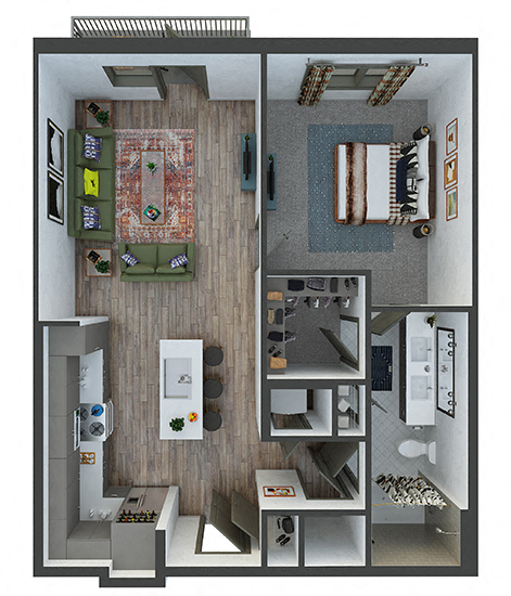 Floor plan for 1 bed, 1 bath, 753 sqft