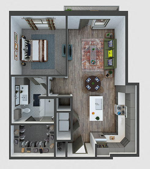 Floor plan for 1 bed, 1 bath, 770 sqft