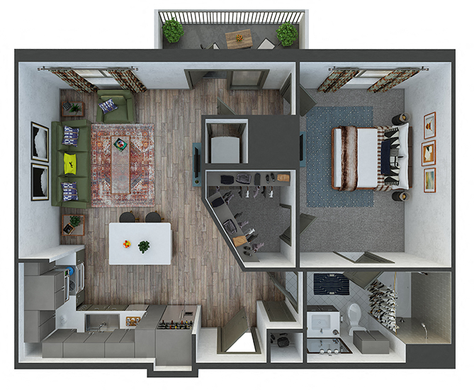 Floor plan for 1 bed, 1 bath, 685 sqft