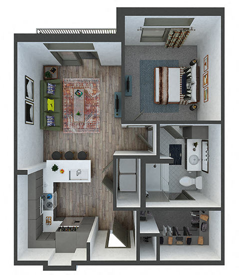 Floor plan for 1 bed, 1 bath, 661 sqft