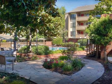 Mountain View condo for rent - A courtyard with a pool and apartment building in the background.