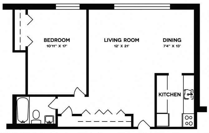 Floor plan for 1 bed, 1 bath, 628 sqft