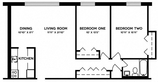 Floor plan for 2 beds, 1 bath, 825 sqft