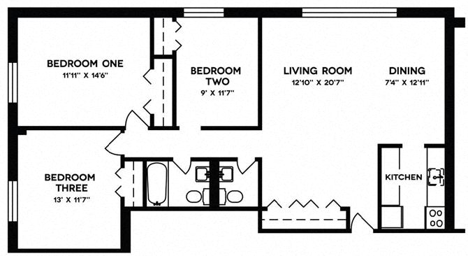 Floor plan for 3 beds, 1.5 baths, 1039 sqft