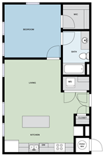 Floor plan for 1 bed, 1 bath, 678 sqft