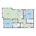 Floor plan for 2 beds, 2 baths, 1022 sqft