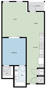 Floor plan for 1 bed, 1 bath, 728 sqft
