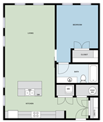 Floor plan for 1 bed, 1 bath, 834 sqft