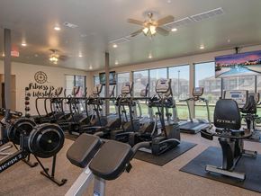 Lawrence apartment for rent - a gym with various cardio machines and a large window