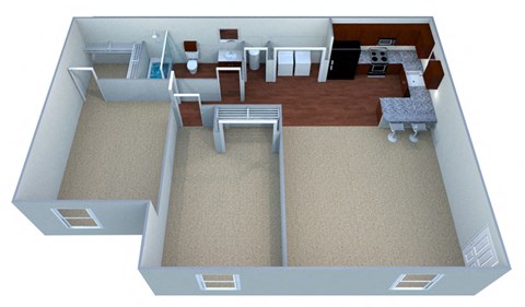Floor plan for 2 beds, 1 bath, 889 sqft