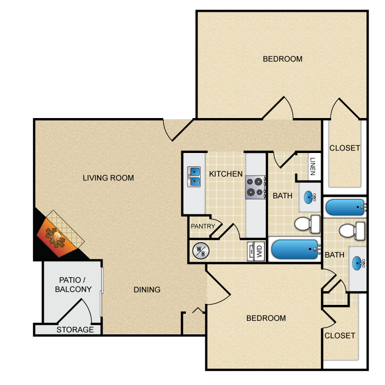 Floor plan for 2 beds, 2 baths, 1122 sqft
