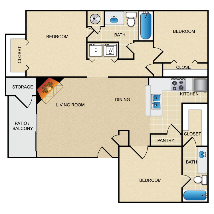 Floor plan for 3 beds, 2 baths, 1268 sqft