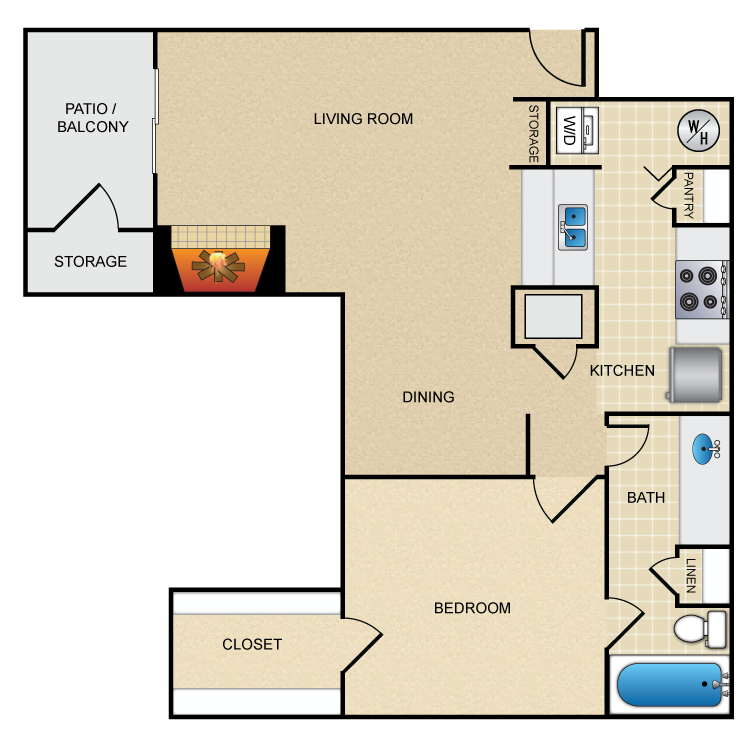 Floor plan for 1 bed, 1 bath, 812 sqft