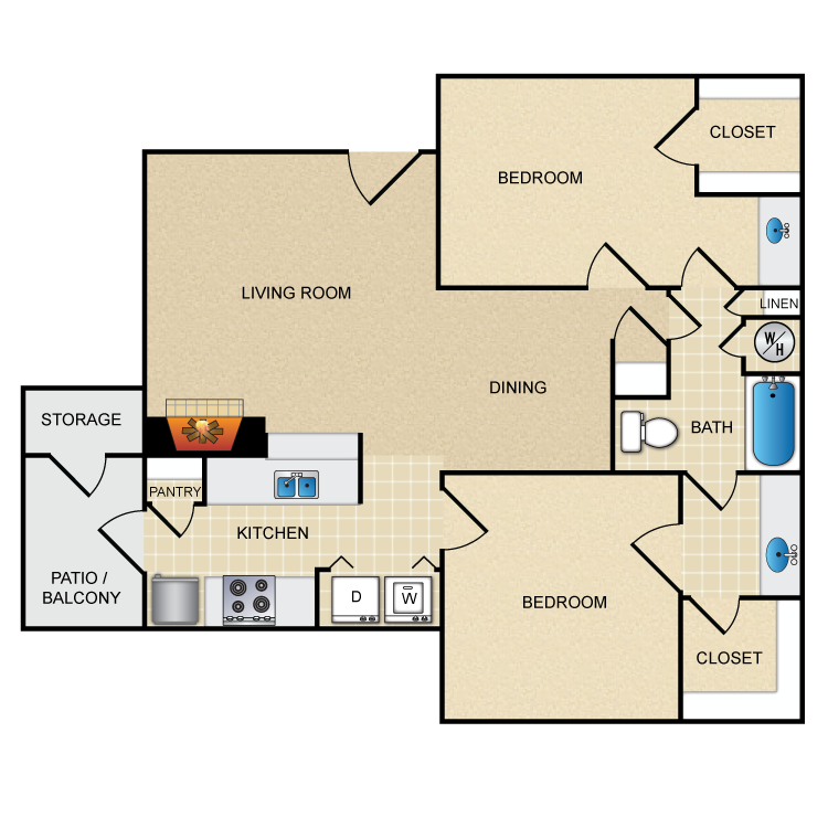 Floor plan for 2 beds, 1 bath, 999 sqft