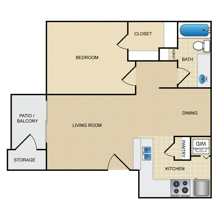 Floor plan for 1 bed, 1 bath, 724 sqft