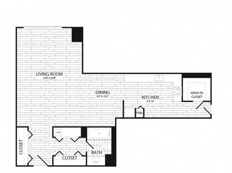 Floor plan for studio, 1 bath, 600 sqft