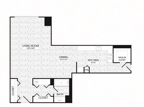 Floor plan for studio, 1 bath, 735 sqft