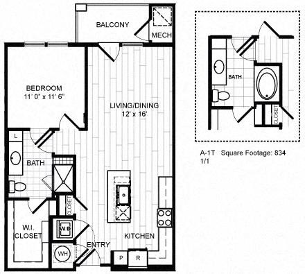 Floor plan for 1 bed, 1 bath, 765 sqft
