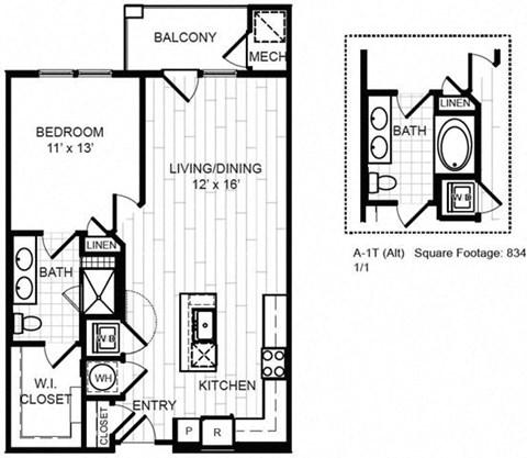 Floor plan for 1 bed, 1 bath, 765 sqft