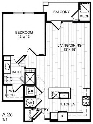Floor plan for 1 bed, 1 bath, 758 sqft