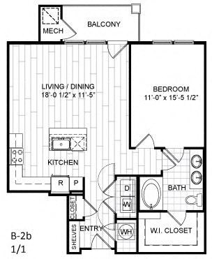 Floor plan for 1 bed, 1 bath, 875 sqft
