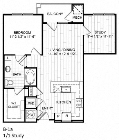 Floor plan for 1 bed, 1 bath, 851 sqft