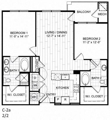 Floor plan for 2 beds, 2 baths, 1105 sqft