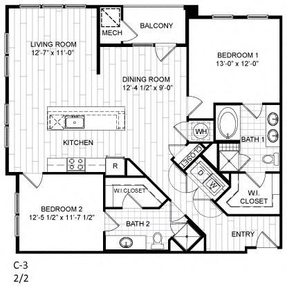 Floor plan for 2 beds, 2 baths, 1309 sqft