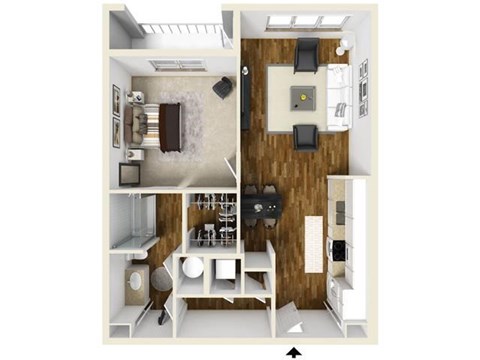 Floor plan for 1 bed, 1 bath, 714 sqft