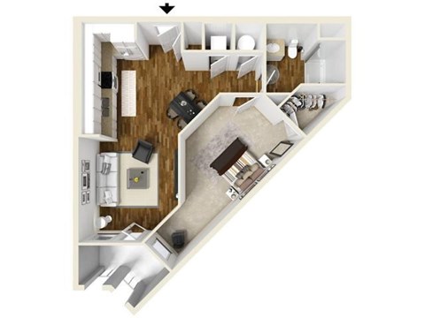 Floor plan for 1 bed, 1 bath, 673 sqft