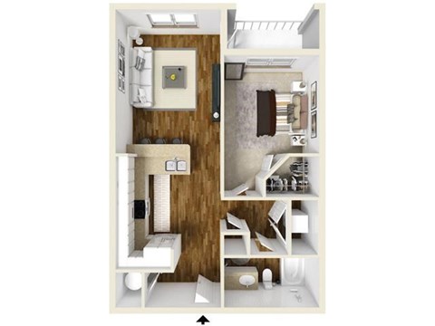 Floor plan for 1 bed, 1 bath, 628 sqft