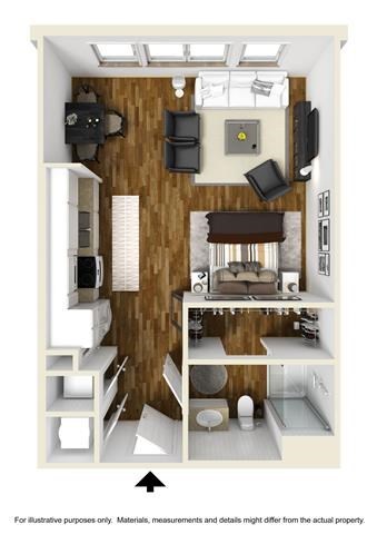 Floor plan for studio, 1 bath, 553 sqft