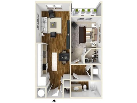 Floor plan for 1 bed, 1 bath, 631 sqft