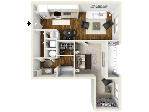 Floor plan for 1 bed, 1 bath, 746 sqft