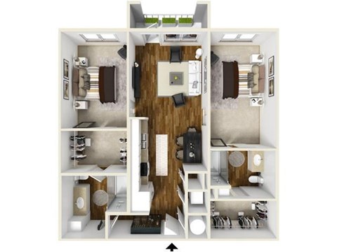 Floor plan for 2 beds, 2 baths, 904 sqft