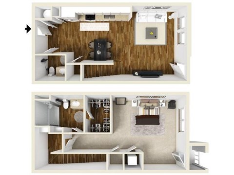 Floor plan for 1 bed, 1.5 baths, 923 sqft