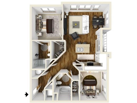 Floor plan for 2 beds, 2 baths, 1088 sqft