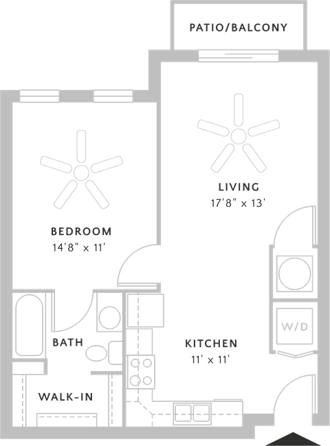 Floor plan for 1 bed, 1 bath, 654 sqft
