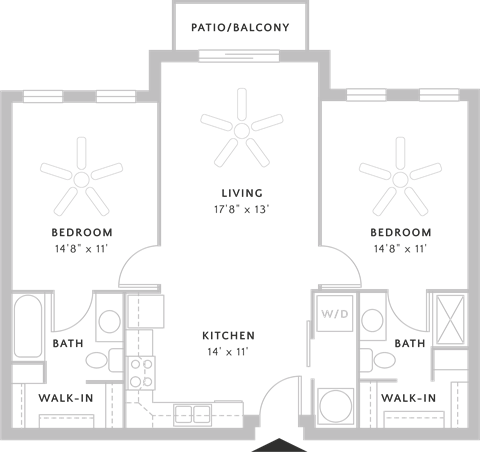 Floor plan for 2 beds, 2 baths, 941 sqft