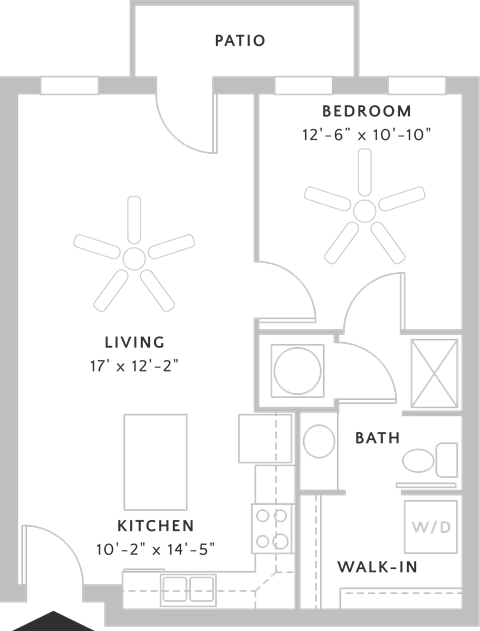 Floor plan for 1 bed, 1 bath, 672 sqft