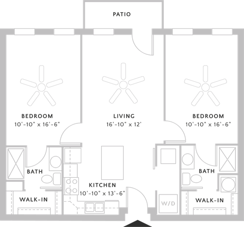 Floor plan for 2 beds, 2 baths, 1039 sqft