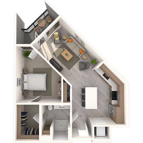 Floor plan for 1 bed, 1 bath, 763 sqft