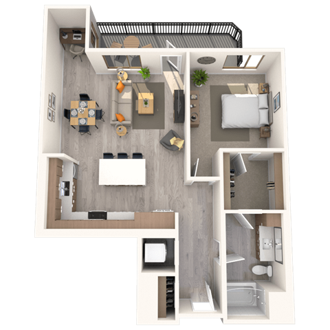Floor plan for 1 bed, 1 bath, 967 sqft