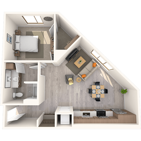 Floor plan for 1 bed, 1 bath, 852 sqft