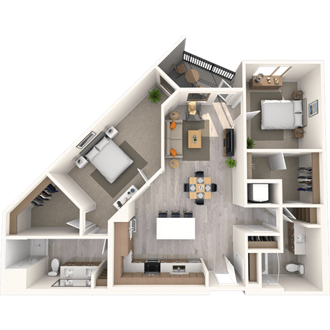Floor plan for 2 beds, 2 baths, 1289 sqft
